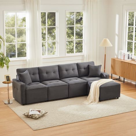 Divano 4 posti in velluto a coste - 280x146x85 cm - Divano componibile con contenitori e pouf - Grigio
