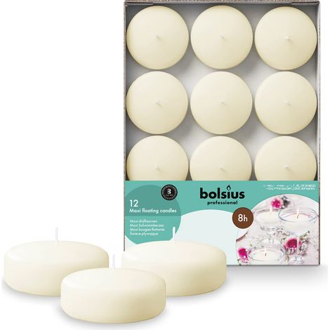Bolsius - Maxi Candele Galleggianti - Avorio - 12 Pezzi in Scatola - Ø 7,6 cm - Durata 8 ore - Senza Profumo - Cera di paraffina - Candela Galleggiante XL - Varie Occasioni (1/5)