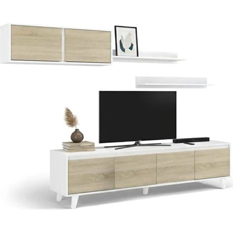 Dmora Parete attrezzata Orlando, Mobile da soggiorno porta TV, Composizione per salotto con pensile e mensola, cm 200x50h41, Bianco e Rovere, con imballo rinforzato