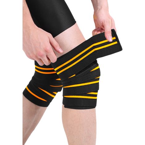 Bandes de genou ergonomiques (lot de 2) - Support de genou enveloppant pour musculation - Durables et respirantes - 170 cm - Jaunes (1/5)