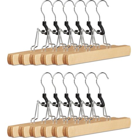 Cintre Pince Pantalons Crochet pivotant 360° Bois Lot de 12 Pince Jupe Feutre HxlxP: 17 x 25 x 2,3 cm, Nature (1/5)
