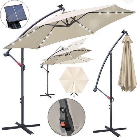 Wolketon Sonnenschirm 3m Beige mit LED Licht, Gartenschirm mit Kurbel, UV 50+ Sonnenschutz, kippbar & stabil, inkl. Kreuzfuß, für Terrasse Garten