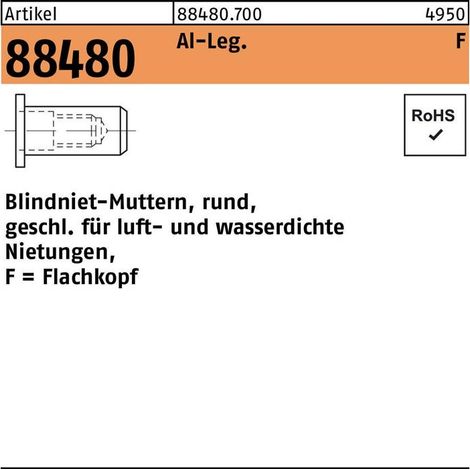 Écrou à sertir en aveugle R 88480 FLAKO M6 /3,0 -4,5 aluminium 500 pièces