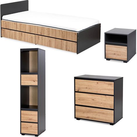 DALIA Chambre enfant adolescent avec lit, chevet, Commode, Etagère Anthracite/Chêne (1/3)