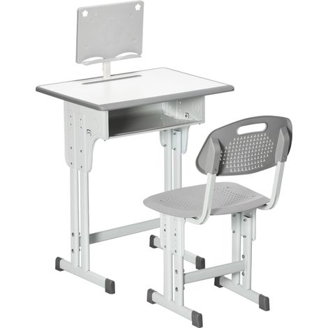 Bureau d'étude enfant gris avec chaise, casier, crochet, porte-stylo et support de lecture 60 x 45 x 90-102 cm (1/5)