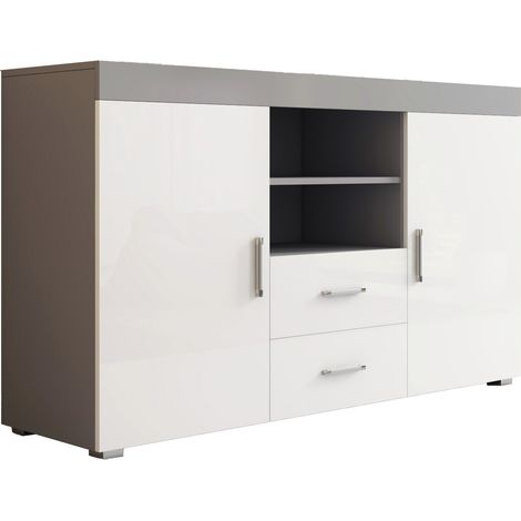Muebles Bonitos – Buffet bas 2 portes 2 tiroirs 140x82x40cm – Finition mélamine brillante – Poignées en aluminium – Meuble de rangement moderne