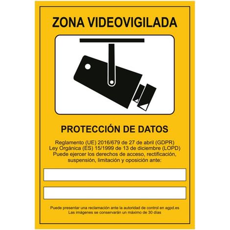 Señal de videovigilancia poliestireno 297x210mm, diseño variable pero significado fijo.