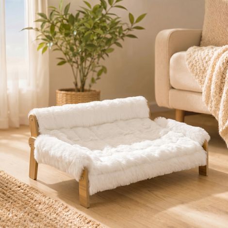 Canapé pour chien et chat surélevé en bois – Coussin amovible en peluche 490 g/m² – Pieds antidérapants – 70 x 47 x 30 cm – Blanc (1/5)