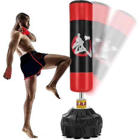 Goplus – Sac de frappe sur pied 178 cm – Base stable avec 12 ventouses – Amortisseur de chocs – Punching ball pour entraînement boxe