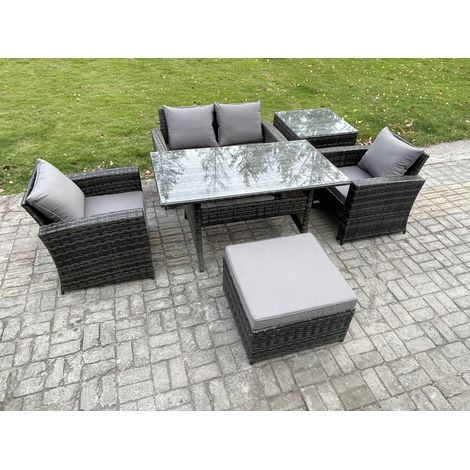 Fimous PE Wicker Outdoor Garden Furniture Set Patio Furniture Rattan Rectangular Dining Table Lounge Sofa with Big Footstool Side Table (1/5)