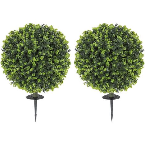 Lot de 2 plantes artificielles, boules de buis artificiel avec piquet, pour une utilisation intérieure et extérieure, résistantes aux UV, vertes