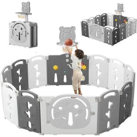 Recinto per bambini Yoleo Baby, 14 pannelli, cancelletto di sicurezza XL, con canestro da basket, centro attività di sicurezza, plastica, pieghevole, grigio (1/5)