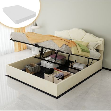Lit coffre moderne en tissu beige 160x200 cm avec tête de lit géométrique, sommier à lattes et matelas inclus
