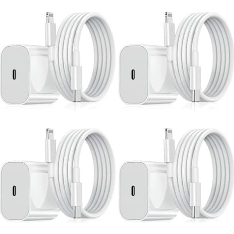 Pack de 4 chargeurs pour iPhone - Chargeur rapide - Adaptateur + câble de 2 m 20 W Lightning Blanc (NT) (1/5)