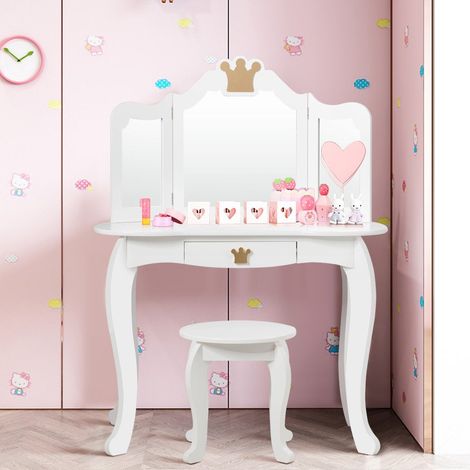 Ensemble de coiffeuse 2 en 1 coiffeuse pour enfants coiffeuse pour filles table miroir en bois blanc 80x42x105cm (1/5)