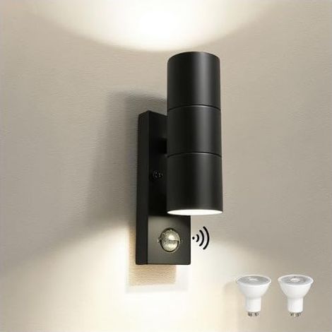 Applique murale extérieure LED en acier inoxydable avec détecteur de mouvement PIR réglable et interrupteur crépusculaire, étanche IP54, éclairage vers le haut/vers le bas, 230 V, incluant 2 ampoules (1/5)