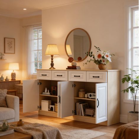 Buffet de rangement 160 cm avec 4 tiroirs et 4 portes, MDF blanc et naturel, REDOM (1/5)