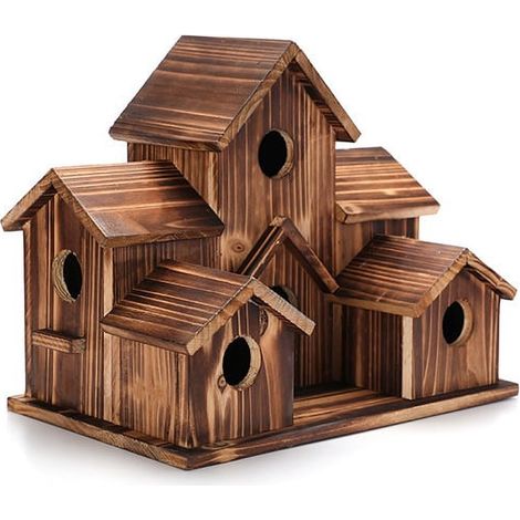 Maison Pour Oiseaux - Bois Naturel - 6 Entrées Indépendantes - Plateforme À L'Entrée - Suspension Ou Fixation Murale - Pour Jardin Extérieur - 1 Pièce (1/5)