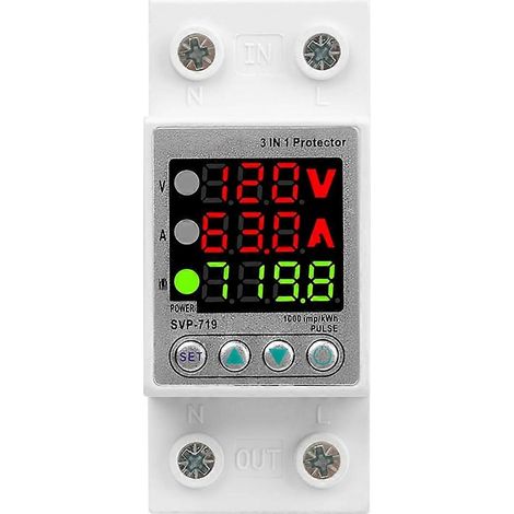 Relais de protection contre les surtensions monophasé SVP719 avec affichage à 3 LED, 63 A, et limitation de courant. (1/5)