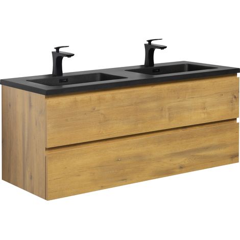 Badplaats – Meuble sous vasque simple 120 cm – Lavabo en marbre artificiel noir – 2 tiroirs avec fermeture soft-close – Dimensions meuble 1194x476x500mm (1/5)