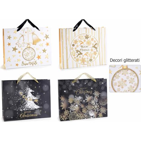 Sacchetti regalo / buste di Natale maxi in carta rigida con finiture glitterate oro e design festivi, set da 16 pezzi, cm 38 x 12,5 x 30,5 H