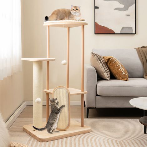 COSTWAY Wooden Cat Tree Tower Multi-level Kitten Activity Center w/Sisal Scratch Board (1/5)