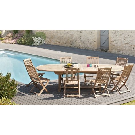 FUN - Ensemble de jardin 10/12 pers. table / 8 chaises bois teck (1/5)