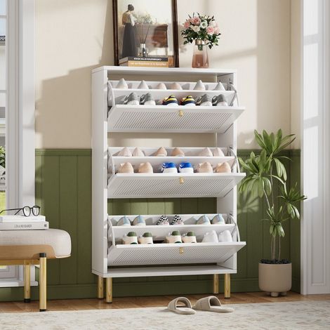 Meuble à chaussures étroit blanc 3 portes cannelées, 6 niveaux, 73x23x125 cm