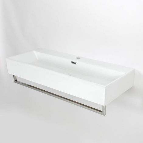 Milano Elswick 1010mm x 425mm White Ceramic Wall Hung Bathroom Basin Sink with One Tap Hole and Towel Rail - Chrome Rail (1/5)
