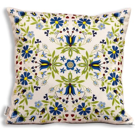 Taie d'oreiller folklorique cachoube à motifs de tournesols, beige (1/2)
