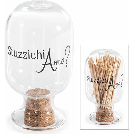 Porte cure-dents en verre alimentaire avec bouchon en liège et inscription StuzzichiAmo, lot de 6, diam. 5 cm x H. 9 cm
