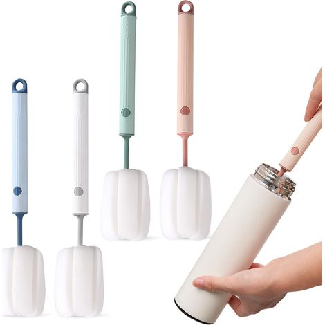 cepillos de limpieza, mango largo de 27 cm, cabezal de esponja flexible de 360°, para botellas y vasos. (1/5)