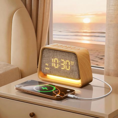 Réveil, réveil 3 en 1 avec veilleuse, aide au sommeil avec 10 bruits blancs et 10 sons naturels, lampe de table réglable à 3 niveaux pour chambre à coucher, chambre à coucher (1/5)