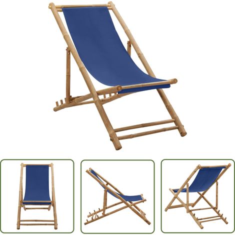 The Living Store Liegestuhl Bambus und Canvas Marineblau - Liegestuhl - Gartenstuhl - Strandstuhl - Bambus Möbel - Outdoor Möbel (1/5)