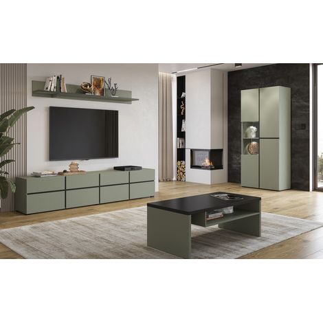 Set di 4 mobili collezione HAVANA colore verde salvia. Mobile TV XL, vetrina, tavolino, scaffale