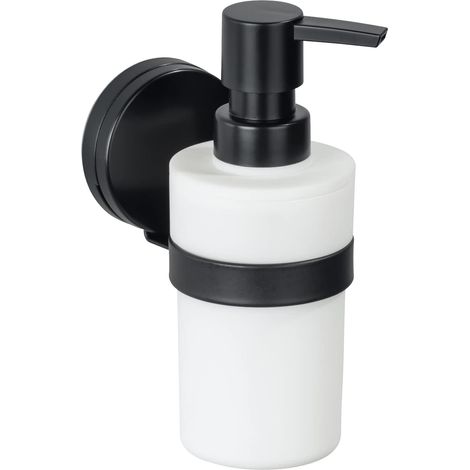 WENKO Static-Loc® Plus Dispenser di sapone Pavia Nero, dispenser per sapone liquido, dispenser per detersivo, installazione senza foratura, nero, acciaio nero, polipropilene bianco, plastica (ABS) ner (1/5)