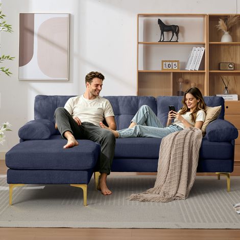Sofá esquinero 187.5x130x79 cm azul de madera con chaise longue reversible y patas metálicas (1/5)
