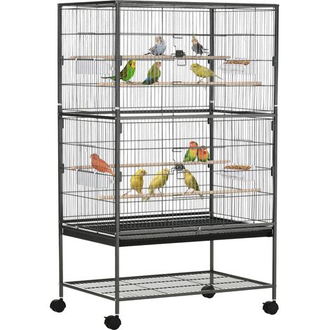 Gabbia per Uccelli da Interni in Legno con Vassoio, 4 Ruote e Trespolo, 78x52x132cm