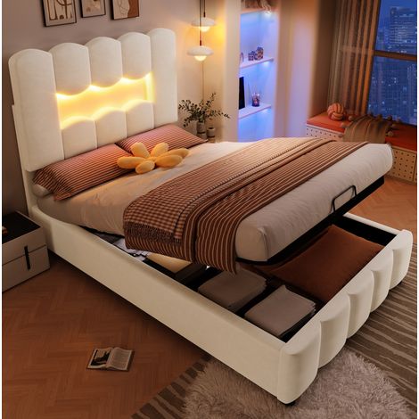 Bett Polsterbett Stauraum 90x200 Samt Beige OKMYHOME (1/5)