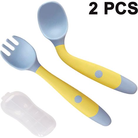 Ensemble cuillère et fourchette pour bébé, cuillère d'apprentissage incurvée en acier inoxydable, cuillère pour bébé, couverts pour enfants