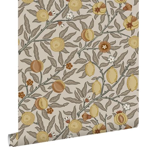 papier peint des fruits et des feuilles exotiques vert grisé, terracotta et jaune ocre  - ESTAhome (1/5)