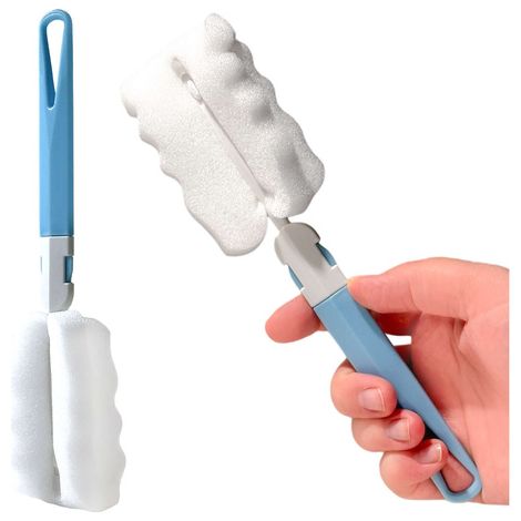 Spazzola per la pulizia di bottiglie, barattoli e bicchieri con manico pieghevole Alogy, blu e bianca. (1/5)
