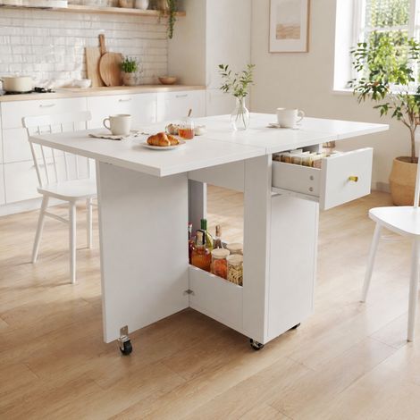 MEUBLIV Table à manger pliante 120 x 75 x 75 cm blanche – rangements et roulettes (1/5)