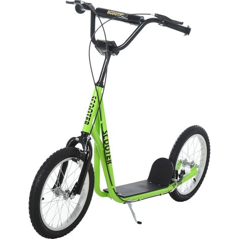 Patinete para niños a partir de 5 años. Ruedas grandes. Manillar ajustable. Freno y caballete. Acero. Verde.