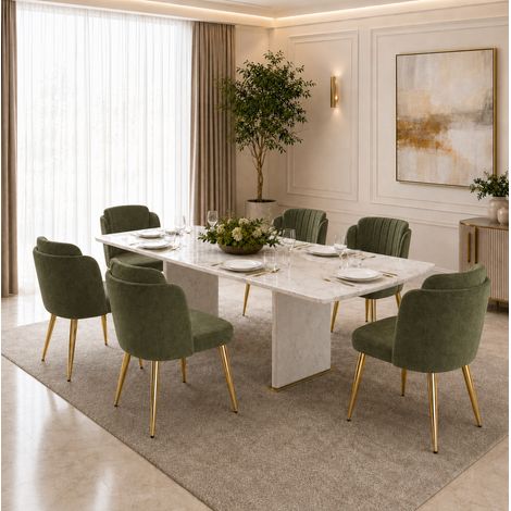 Lot de 6 chaises de salle à manger rembourrées en tissu vert, dossier enveloppant incurvé, pieds en métal doré avec patins réglables, pour cuisine – CHICFURN (1/5)