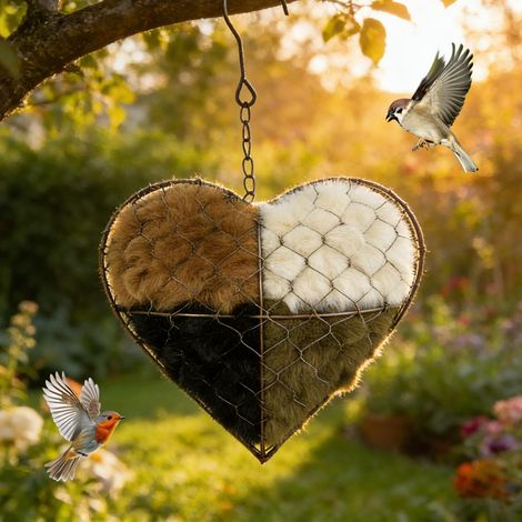 Handgefertigtes Vogelnest in Herzform aus Kunstfasern, Winterliches handgefertigtes Vogelhaus aus Kunstfasern, Nachfüllbarer herzförmiger Vogelnestständer aus Metall, Halter für Vogelnestmaterial, für (1/5)