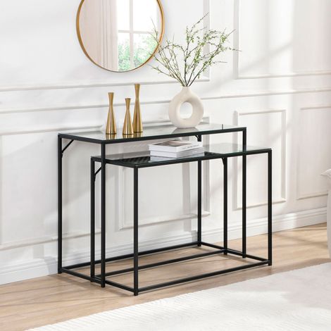 Lot de 2 consoles 95 et 100 cm en verre et métal noir - MITIK