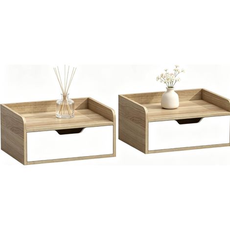 Set di 2 comodini sospesi con cassetto e bordo rialzato, naturale e bianco (1/5)