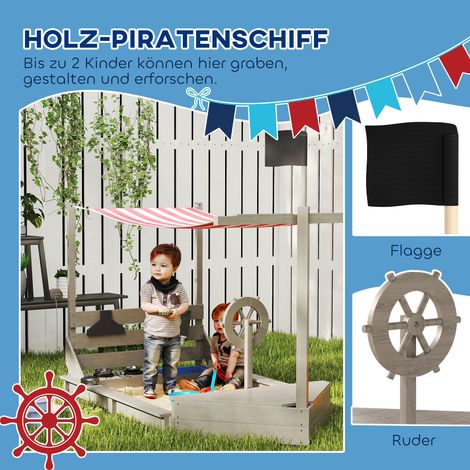 Bac à sable pirate avec pare-soleil, table de jeu culinaire incluse, en bois massif, dimensions 180 x 103 x 144,5 cm, coloris gris (1/4)