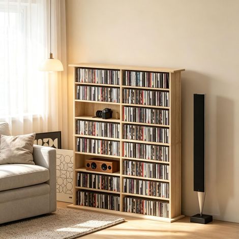 Meuble de rangement CD‑DVD‑Blu‑ray – 16 compartiments et 12 étagères réglables – Capacité 720 CD / 396 DVD‑Blu‑ray – Idéal pour rangement multimédia – 106,5×24×126,3 cm (1/5)